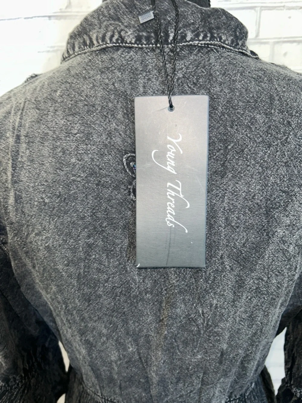 NWT Young Threads Embroidered Washed Gray Boho Tunic Dress. Medium - Picture 4 of 6